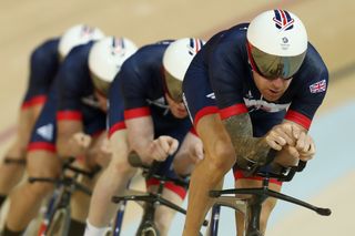 Bradley Wiggins on the front during the Team GB team pursuit training session