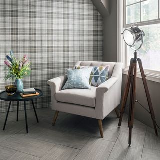 subtle plaid wall parquet style flooring sofa chair with designed cushion