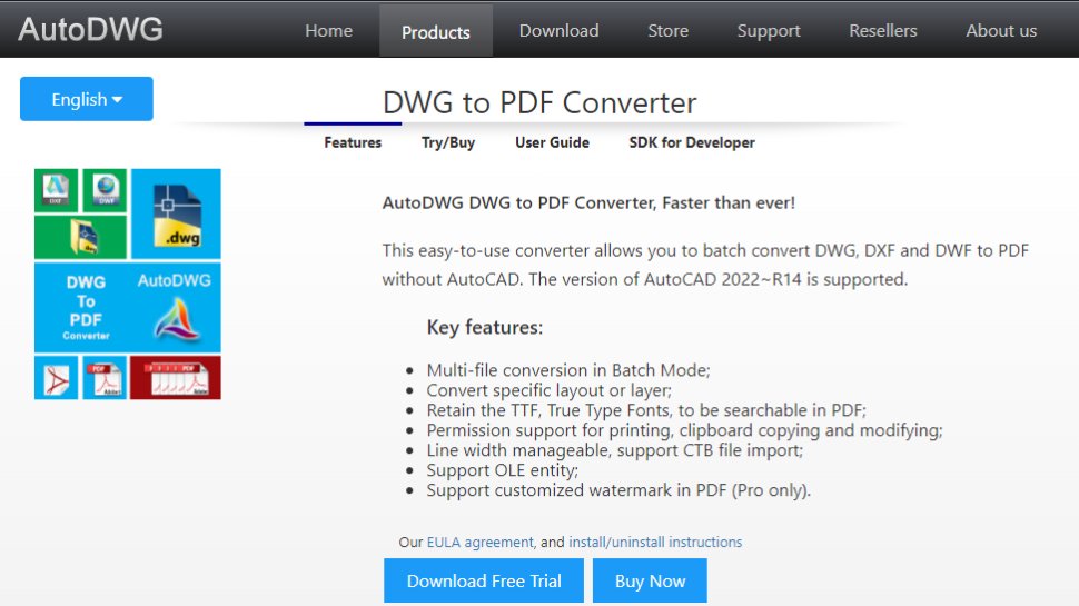 Website screenshot for AutoDWG DWG to PDF Converter