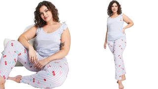 cherry print long pants and vest pajamas set