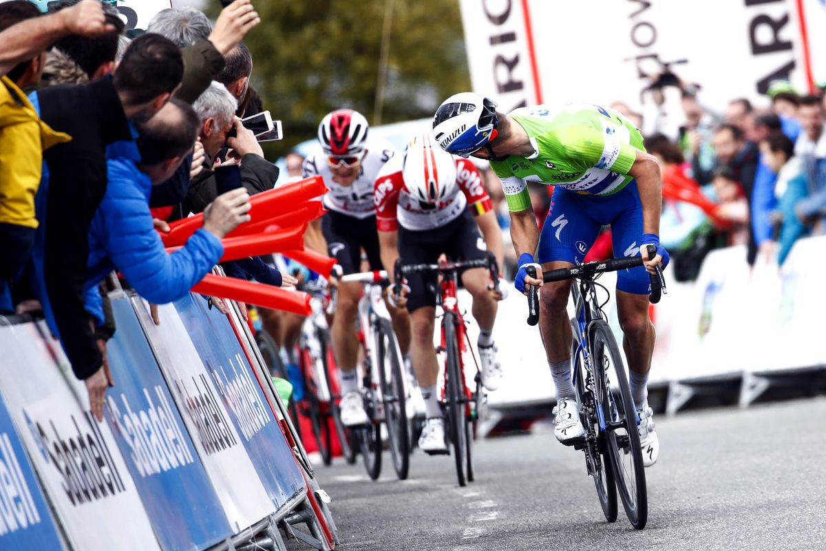 Julian Alaphilippe (Deceuninck-Quickstep) looks back to check his gap