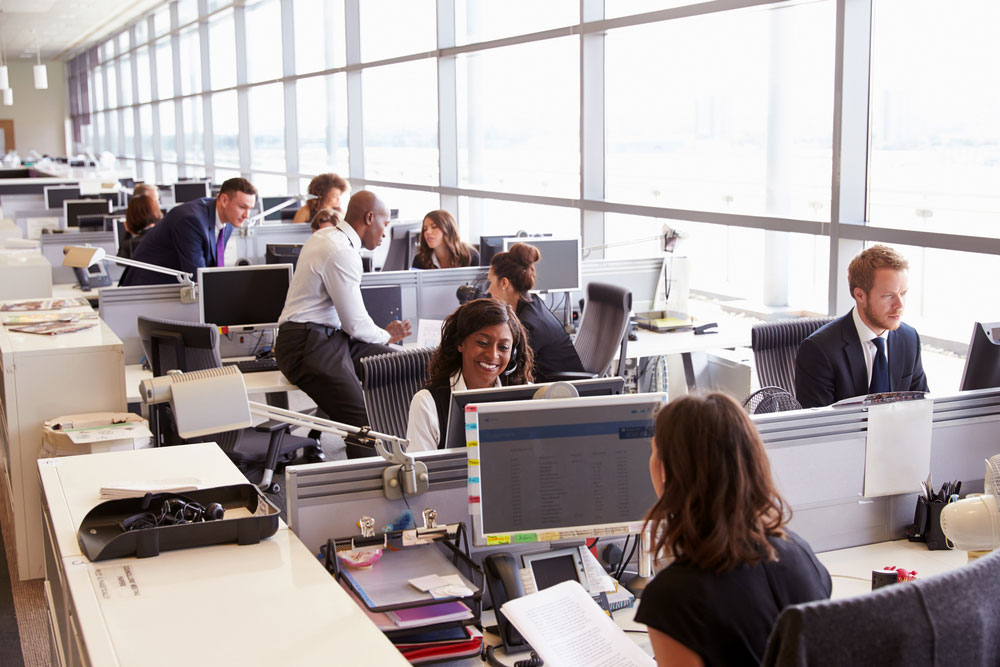 an office full of workers at computers