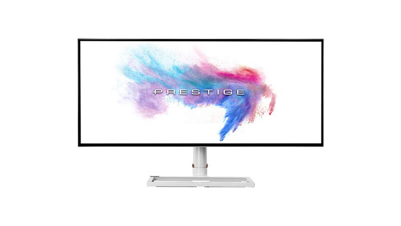 MSI Prestige PS341WU ultrawide monitor with a colourful desktop background