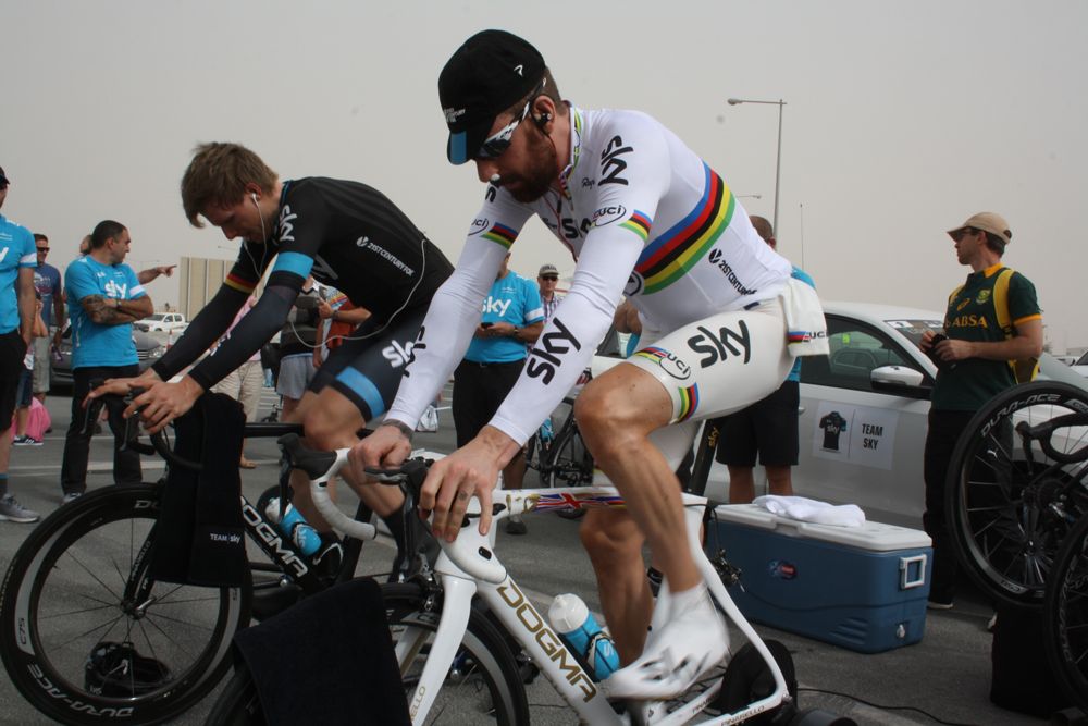 Bradley Wiggins (Team Sky) warms up for the individual time trial