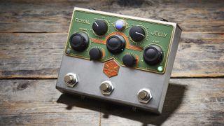 Beetronics Royal Jelly fuzz pedal on a wooden floor