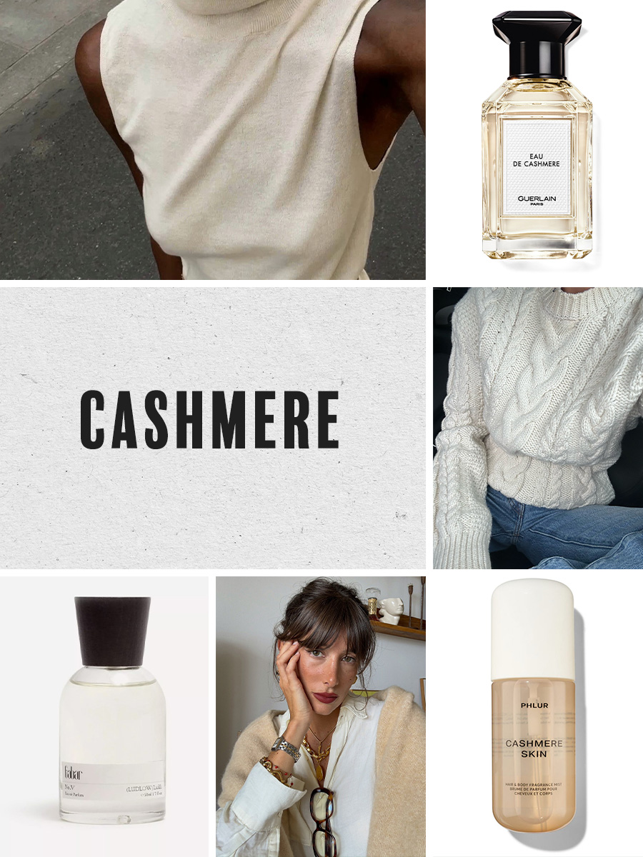 A collage of cashmere outfits and cashmere-inspired perfumes