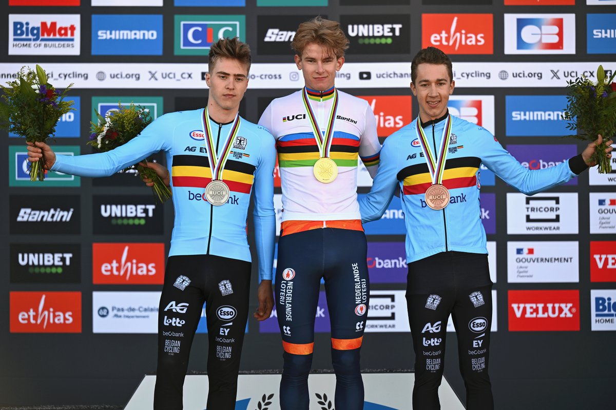 The final podium of the U23 men's at the 2025 Cyclo-cross World Championships