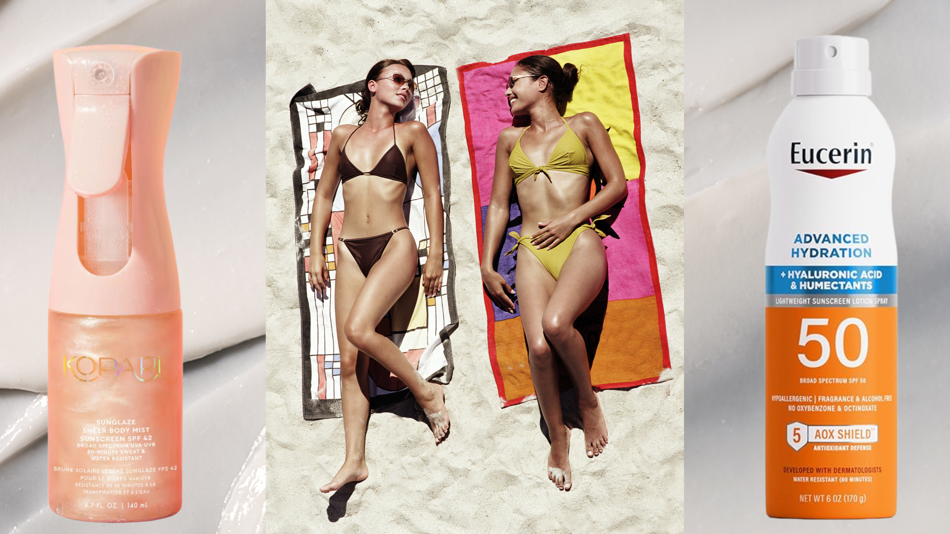 Two women laying on the beach on bath towels in bikinis. They are flanked by two spray sunscreens.