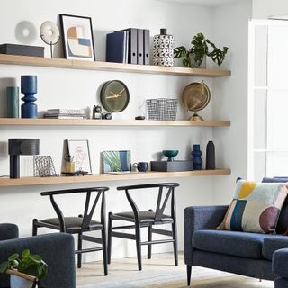 Navy living room with shelves and double desk