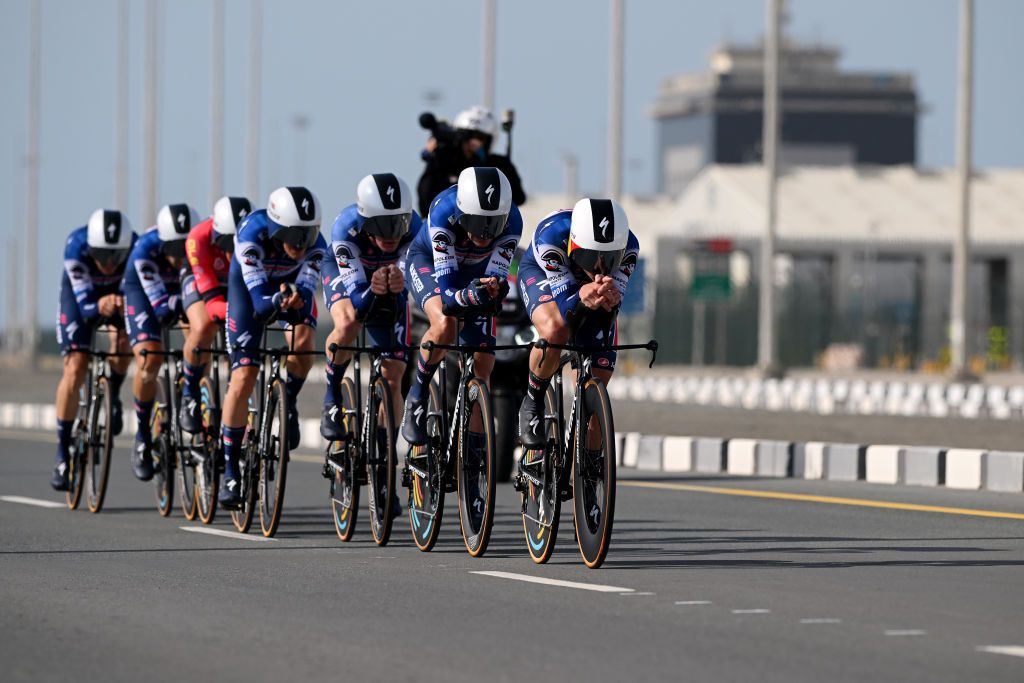 KHALIFA PORT UNITED ARAB EMIRATES FEBRUARY 21 A general view of Remco Evenepoel of Belgium Josef Cern of Czech Republic Tim Merlier of Belgium Red Leader Jersey Mauro Schmid of Switzerland Pieter Serry of Belgium Bert Van Lerberghe of Belgium Louis Vervaeke of Belgium and Team Soudal QuickStep competing during the 5th UAE Tour 2023 Stage 2 a 173km team time trial in Khalifa Port UAETour on February 21 2023 in Khalifa Port United Arab Emirates Photo by Dario BelingheriGetty Images