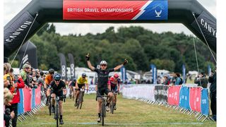 Jacob Vaughan crossing the line to win the 2022 King's Cup Gravel race