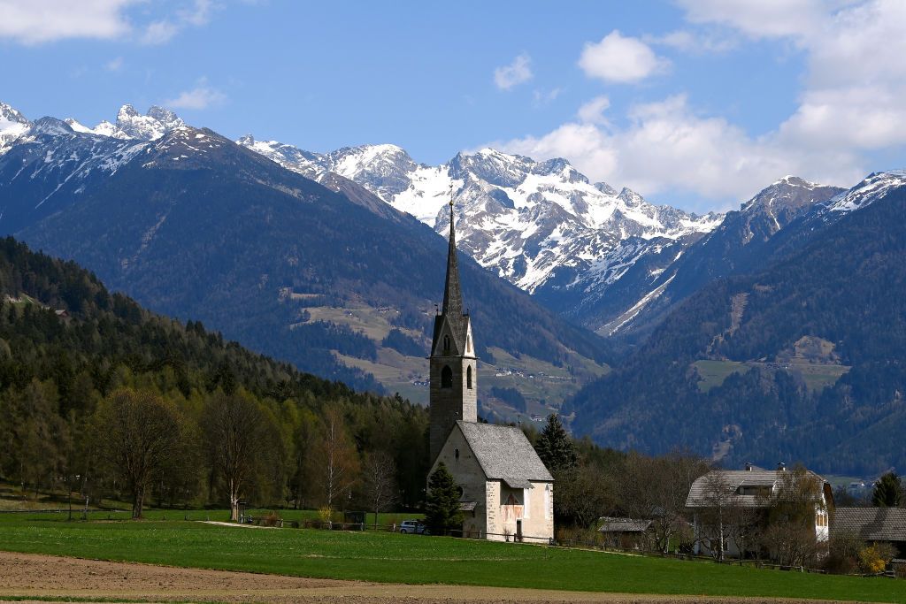 TOBLACH HOCHPUSTERTAL ITALY APRIL 20 A general view of Bruneck 815m landscape during the 45th Tour of the Alps 2022 Stage 3 a 1546km stage from Lana to Villabassa TouroftheAlps on April 20 2022 in Toblach Hochpustertal Italy Photo by Tim de WaeleGetty Images