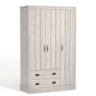 grey wooden triple wardrobe with drawers