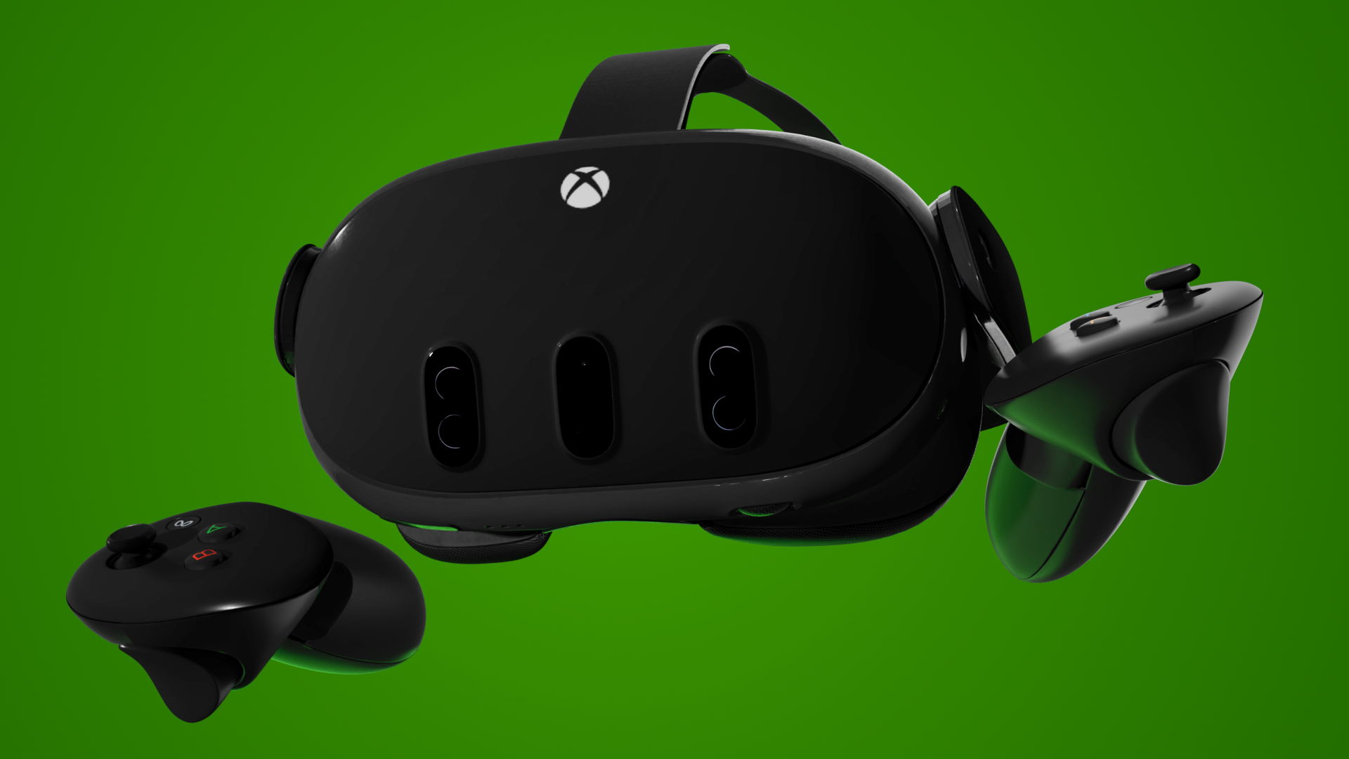 A 3D render of an Xbox-branded Meta Quest 3 VR/MR headset and Touch Plus controllers showcasing an all-black design with Xbox-themed colored buttons and an Xbox logo on the front.
