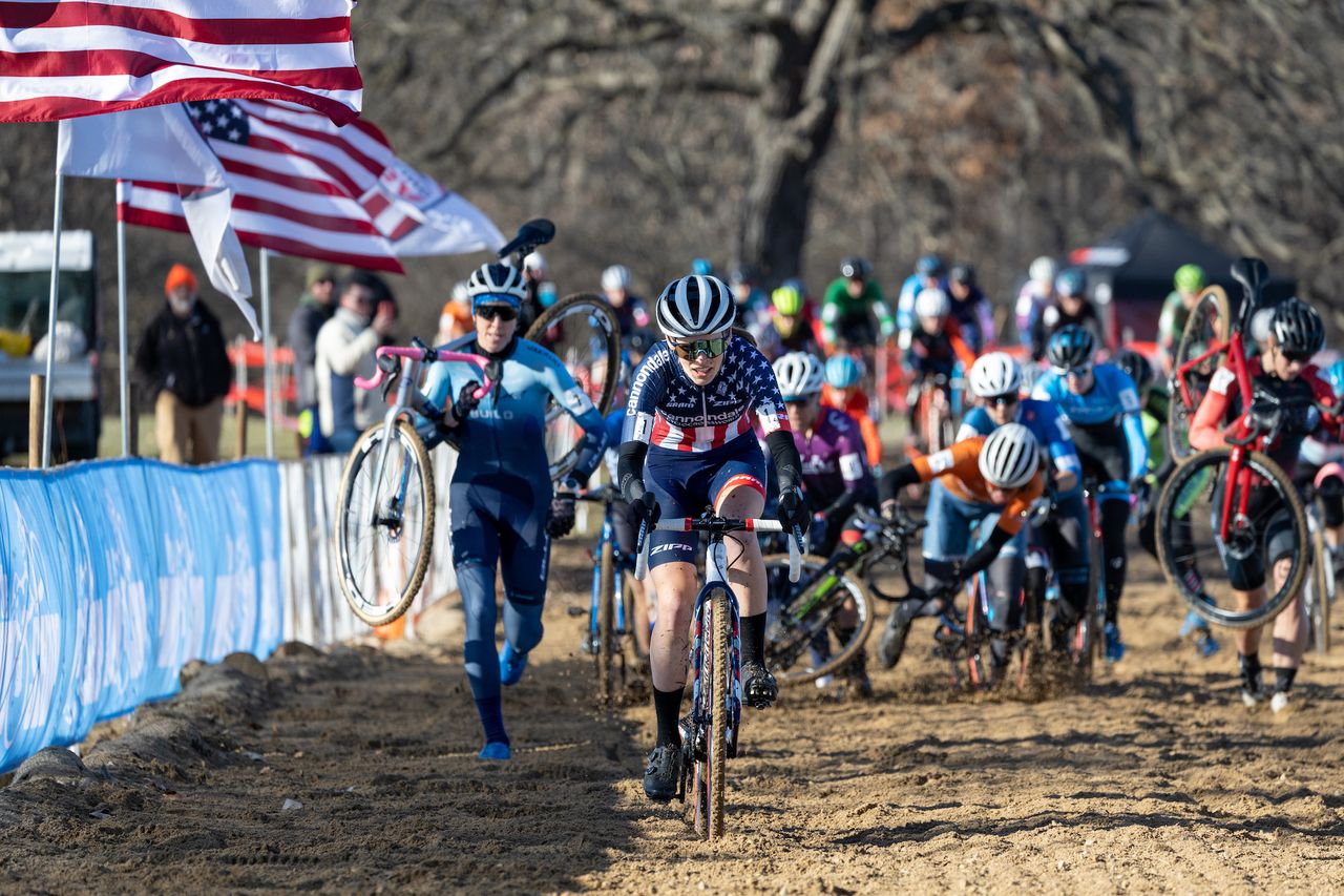 Clara Honsinger leads through Pony Shop sand pit on lap 1
