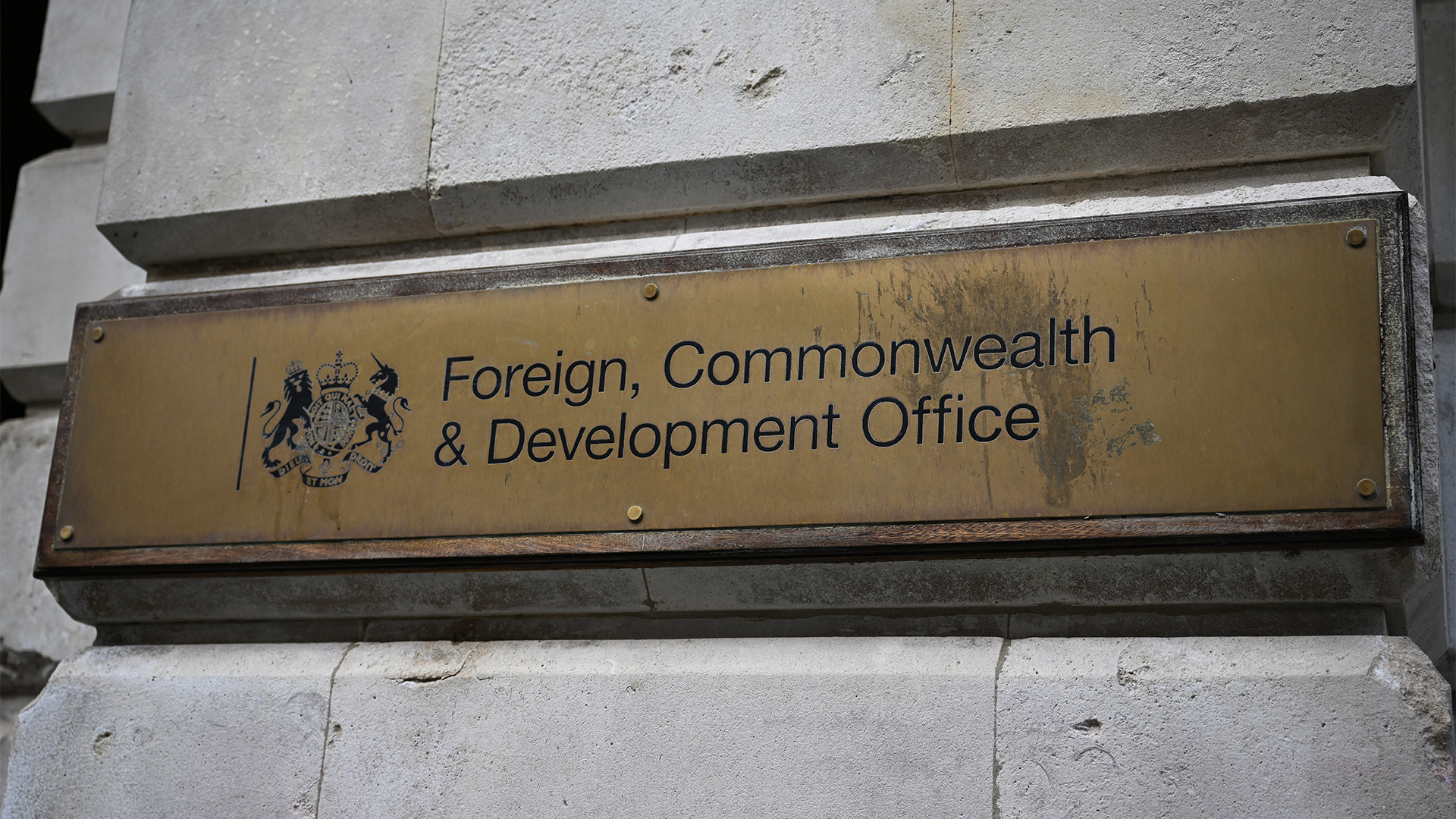 Plaque pictured at the Foreign, Commonwealth and Development Office building in Whitehall, London. 