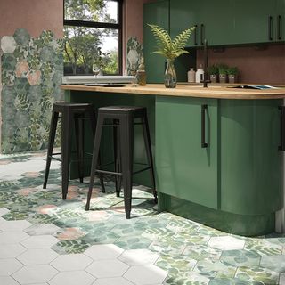 Kitchen floor tile ideas with green leafy hexagonal tiles