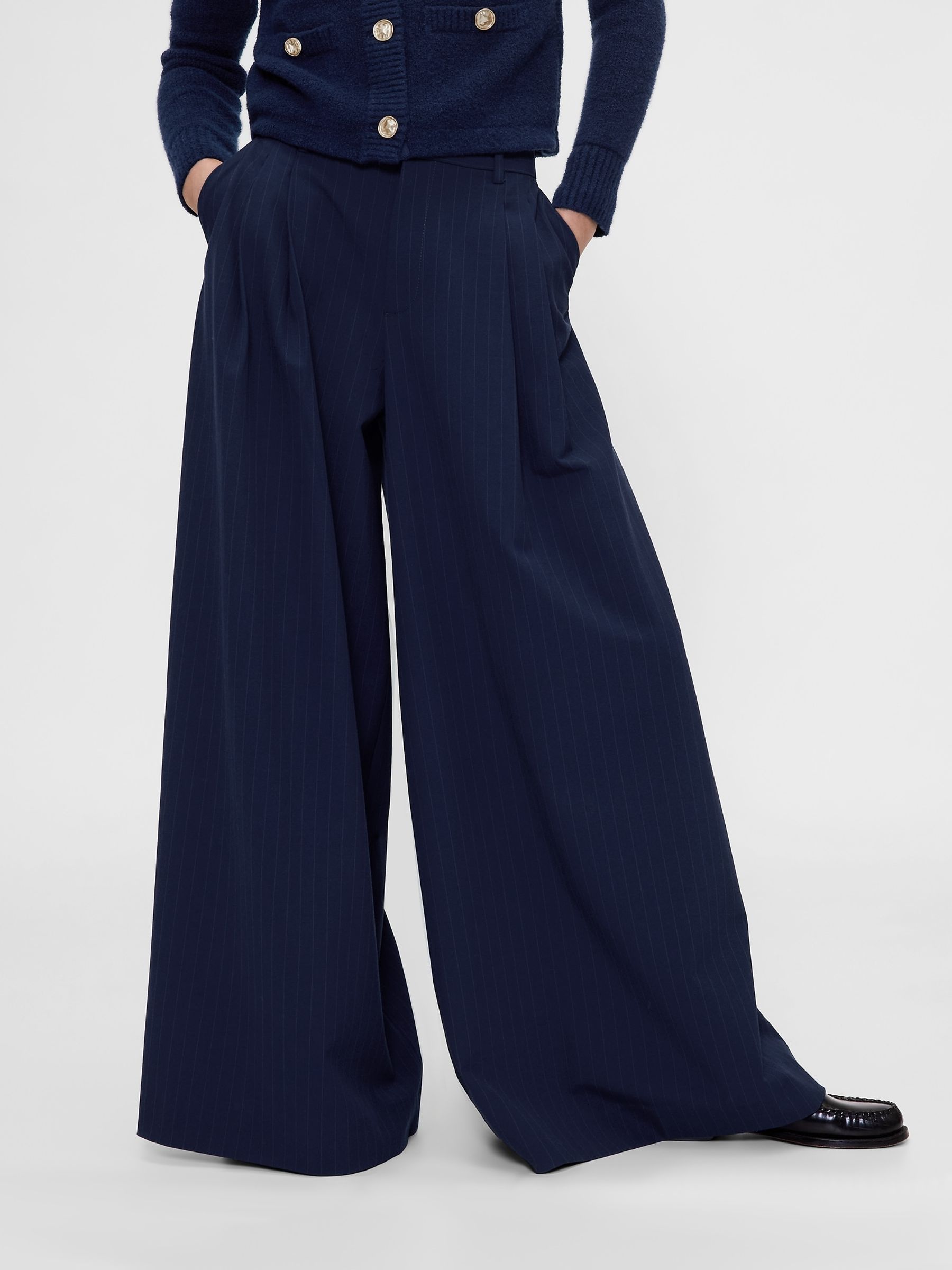 Gapstudio Navy Blue Pinstripe Mid Rise Pleated Baggy Trousers