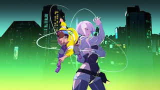 Cyberpunk Edgerunners key art with a man and a woman in front of a cityscape enhanced by a green-gradient 