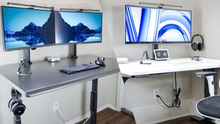 A side by side image showing a dual-monitor setup on one side and an ultrawide monitor on the other