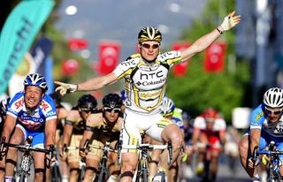 André Greipel (HTC - Columbia) celebrates his victory in stage five of the Tour of Turkey.