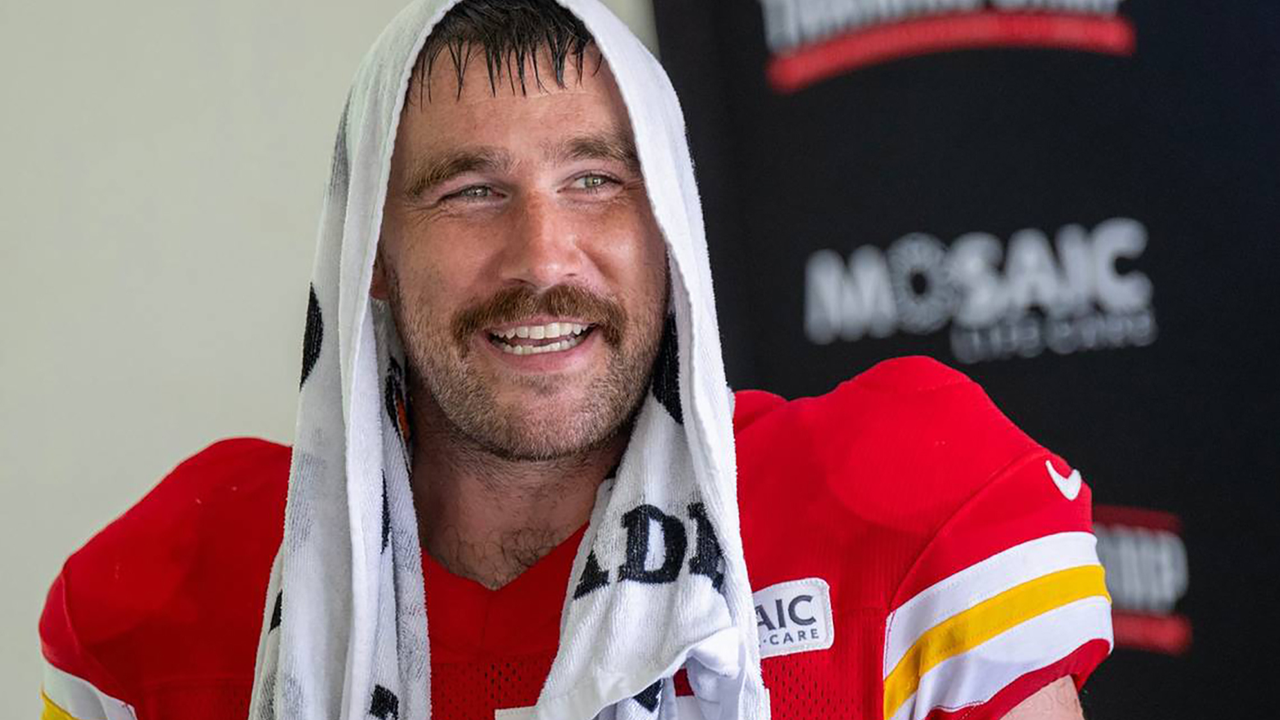 Kansas City Chiefs tight end Travis Kelce smiles as he talks to the media during training camp at Missouri Western State University on Saturday, July 27, 2024, in St. Joseph, Missouri