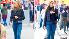 Composite of two pictures of Jennifer Aniston wearing a black cropped blazer and blue jeans during filming for The Morning Show