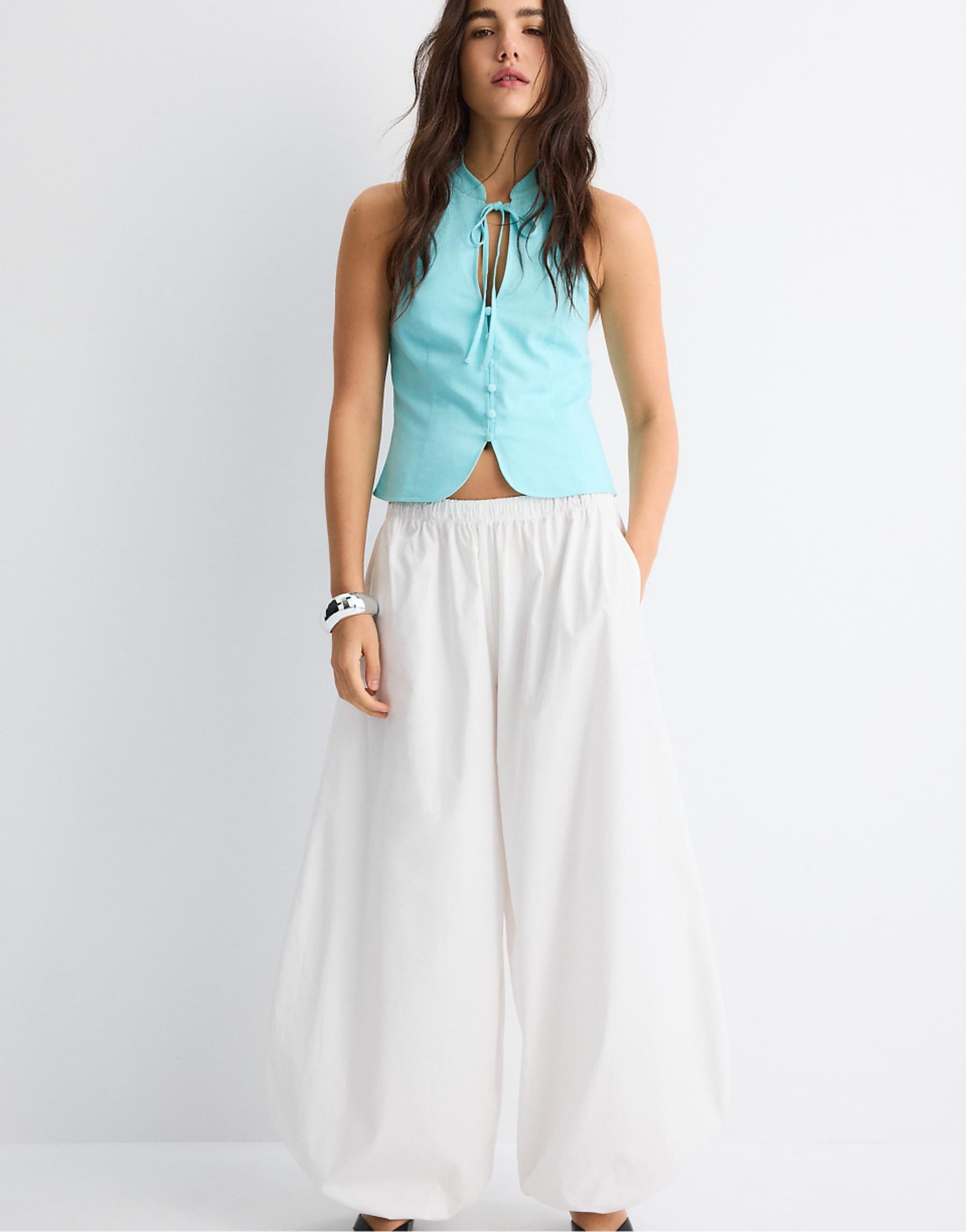 Stradivarius Qipao Halter Button Top in Turquoise