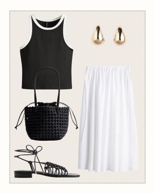 Collage of white skirt, tank top, bag, sandals, earrings