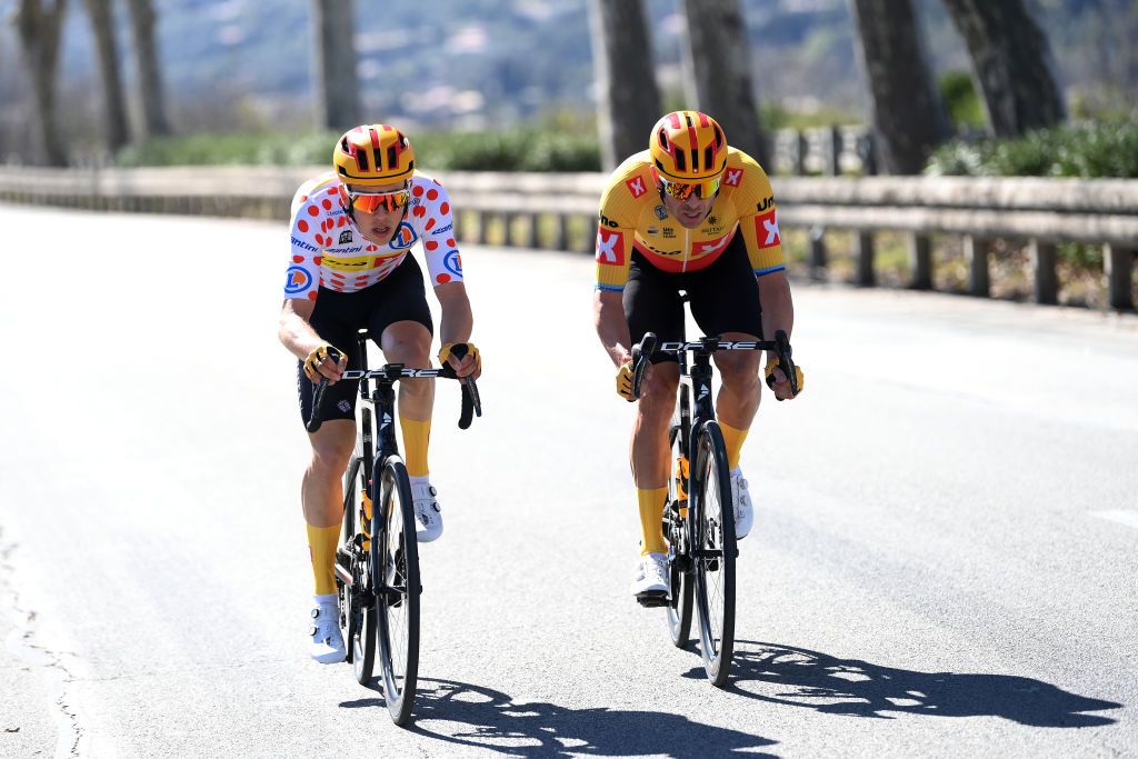 NICE FRANCE MARCH 12 LR Jonas Gregaard Wilsly of Denmark Polka dot Mountain Jersey and Alexander Kristoff of Norway and UnoX Pro Cycling Team compete during the 81st Paris Nice 2023 Stage 8 a 1184km stage from Nice to Nice UCIWT ParisNice on March 12 2023 in Nice France Photo by Alex BroadwayGetty Images