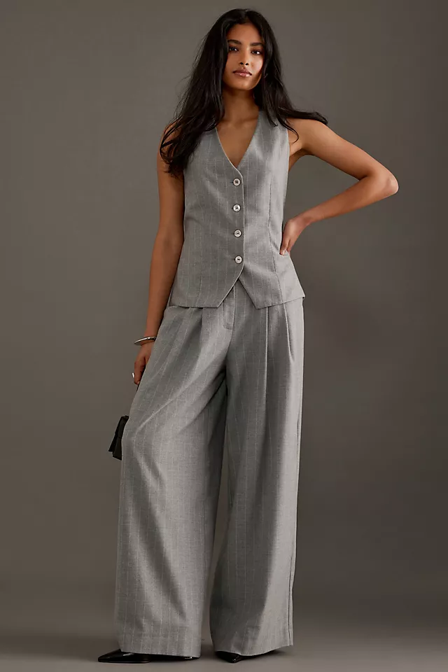The Avery Pleated Wide-Leg Trousers by Maeve: Pinstripe Edition