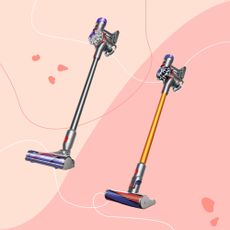 Dyson V8 and Dyson V8 Absolute cordless vacuums on Ideal Home style pink illustrated background