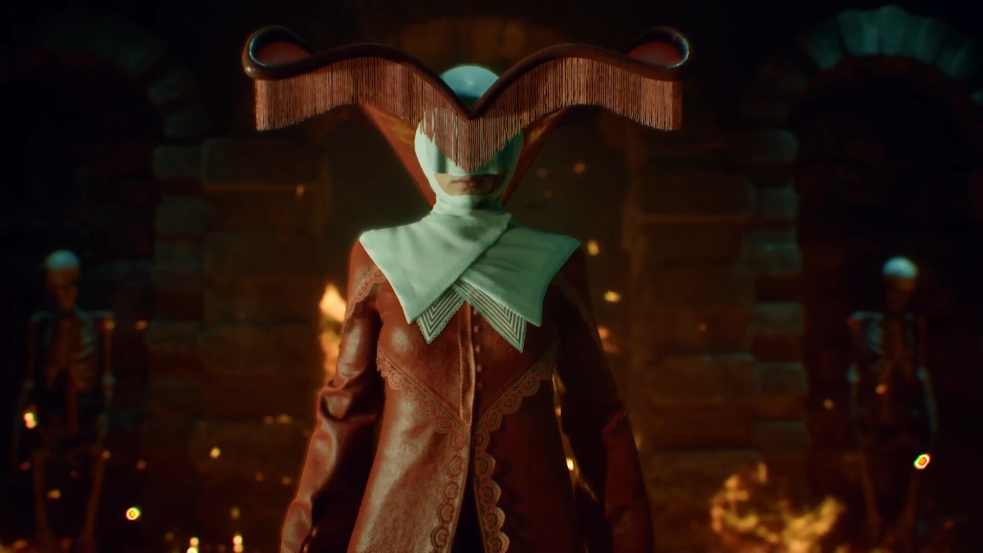 An ominous nun wearing red clothing and a large piece of headwear that obscures their face in survival horror game, Remothered: Red Nun's Legacy