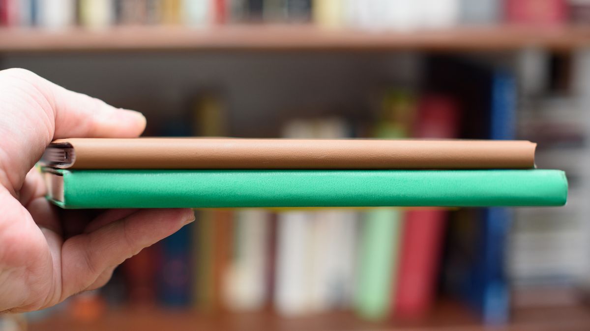 reMarkable Paper Pro Move tablet in front of a library of books, showing various writing screens and comparing the size to a Moleskine notebook
