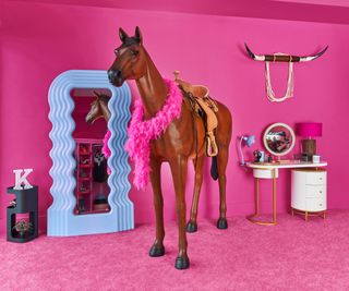 Kens closet, life size horse, blue framed mirror