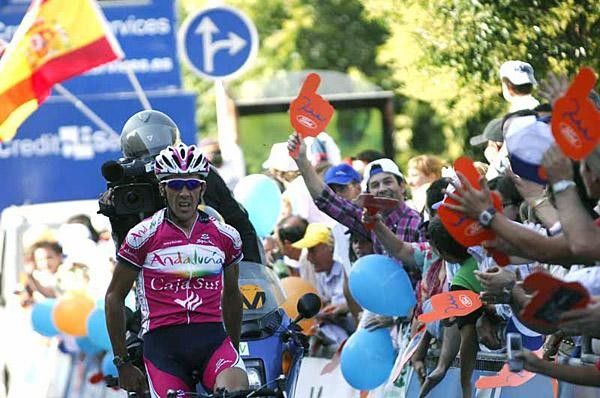 The camera captures Perez winning his second career Vuelta stage