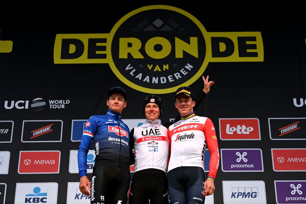 2023 Tour of Flanders podium (l-r): second place Mathieu van der Poel (Alpecin-Deceuninck), winner Tadej Pogačar (UAE Team Emirates) and third place Mads Pedersen (Trek-Segafredo)