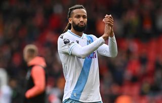 Jairo Riedewald of Crystal Palace applauds the fans after winning the game after the Premier League match between Liverpool FC and Crystal Palace at Anfield on April 14, 2024 in Liverpool, United Kingdom.