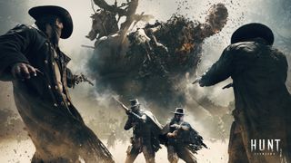 Hunt: Showdown's new 4-year key art showing the main bounty targets and a handful of hunters