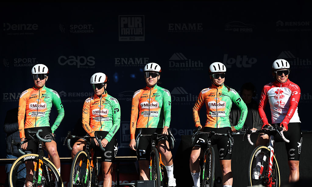 DEINZE, BELGIUM - MARCH 18: A general view of Alison Jackson of Canada, Clemence Chereau of France, Alicia Gonzalez of Spain, Elyne Roussel of France, Karolina Kumiega of Poland and Team St Michel - Preference Home - Auber93 prior to the 7th Danilith Nokere Koerse 2026 - Women&amp;amp;apos;s Elite a 133.3km one day race from Deinze to Nokere / #UCIWWT / on March 18, 2026 in Deinze, Belgium. (Photo by Rhode Van Elsen/Getty Images)