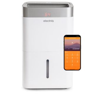 An electriQ 20L Low-Energy Smart Wifi Laundry Dehumidifier with a smart phone displaying an app