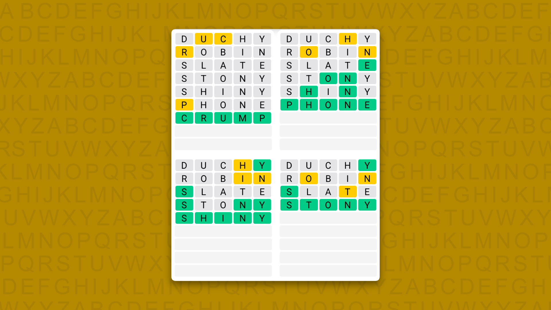 Quordle answers for game 1627 on a yellow background