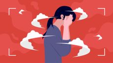 Illustration of woman clasping head in emotional burnout with clouds surrounding