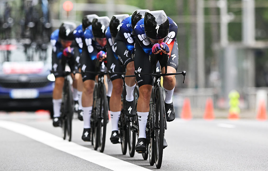 BARCELONA SPAIN MAY 04 A general view of Demi Vollering of Netherlands Juliette Labous of France Evita Muzic of France Loes Adegeest of Netherlands Vittoria Guazzini of Italy Ally Wollaston of New Zealand Marie Le Net of France and Team FDJ SUEZ compete during the 11th La Vuelta Femenina 2025 Stage 1 a 81km team time trial stage from Barcelona to Barcelona UCIWWT on May 04 2025 in Barcelona Spain Photo by Szymon GruchalskiGetty Images