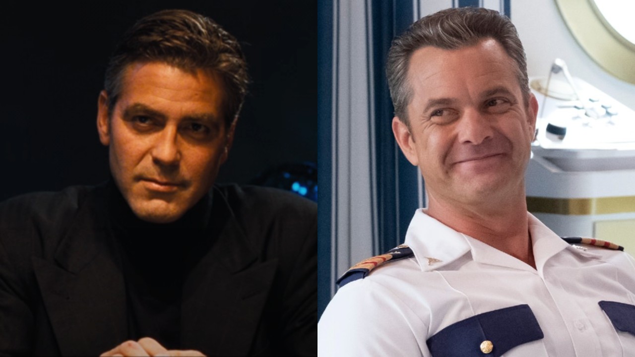 From left to right: A screenshot of George Clooney in Ocean's Eleven looking forward and a press image of Joshua Jackson in Doctor Odyssey smiling. 