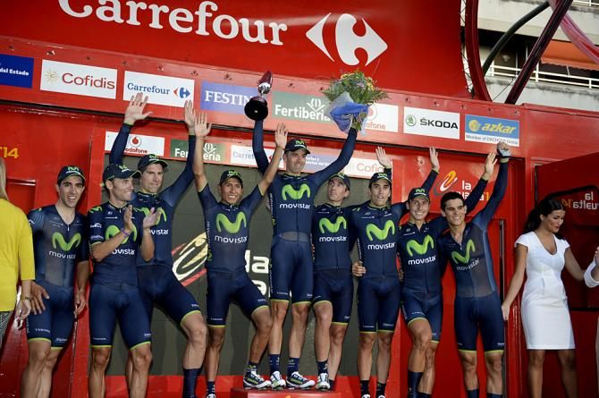 Movistar celebrates the team time trial win on the podium