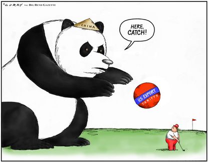 Political cartoon U.S. Trump China trade war export tariffs panda