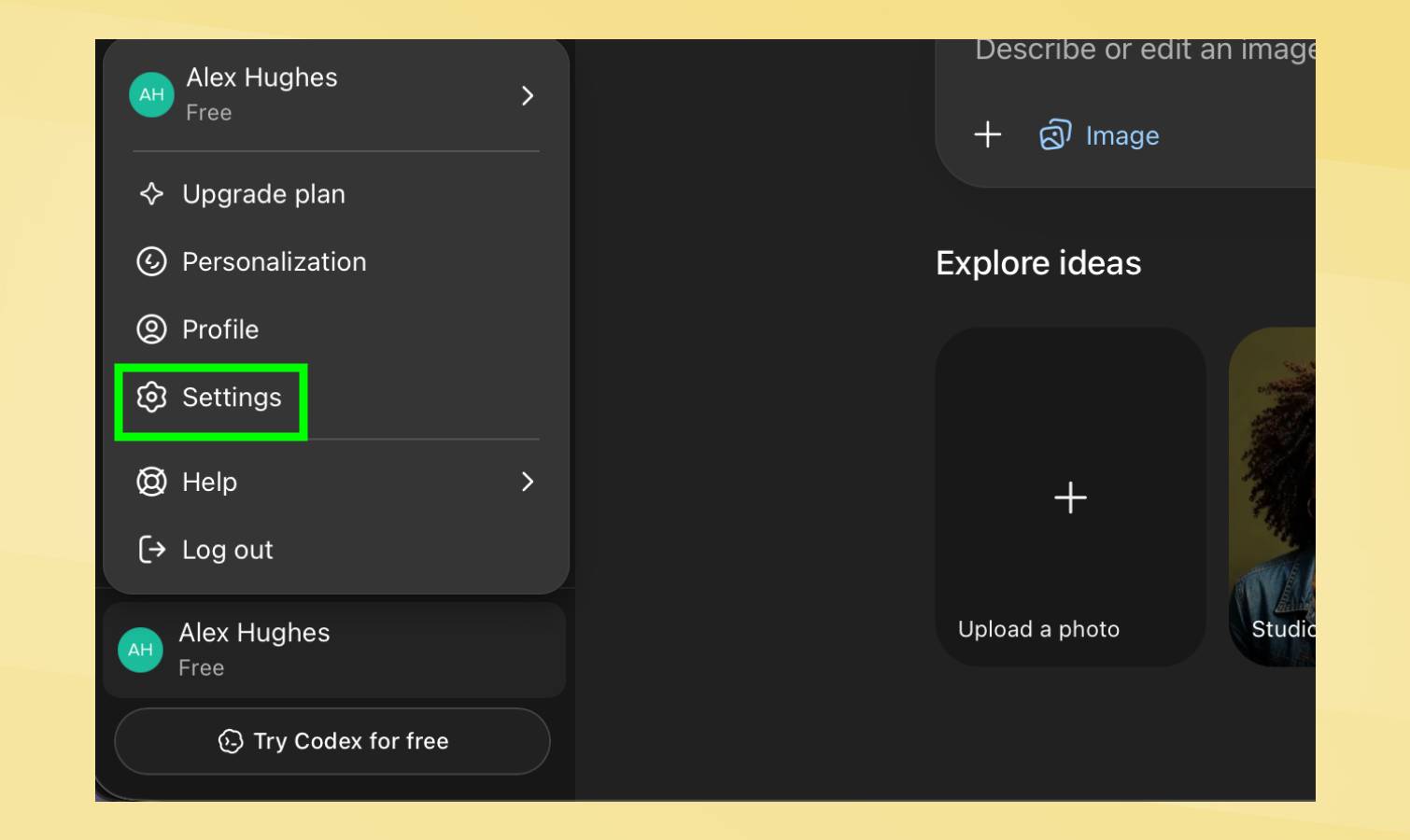 Settings highlighted in ChatGPT