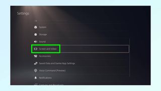 Image of the Settings menu on PS5 Pro with Screen and Video highlighted