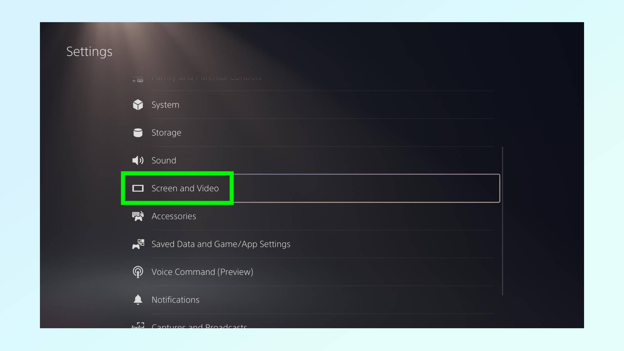 Image of Settings menu on PS5 Pro with screen and video highlighted
